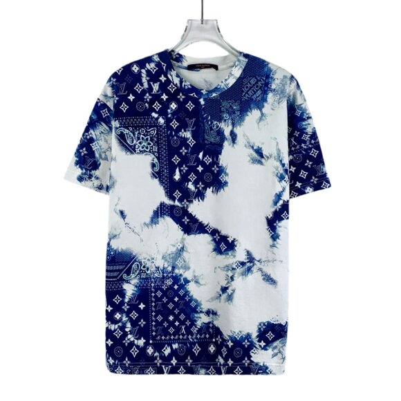 S-level J18831 Louis Vuitton blue logo monogram full print cotton round neck sho